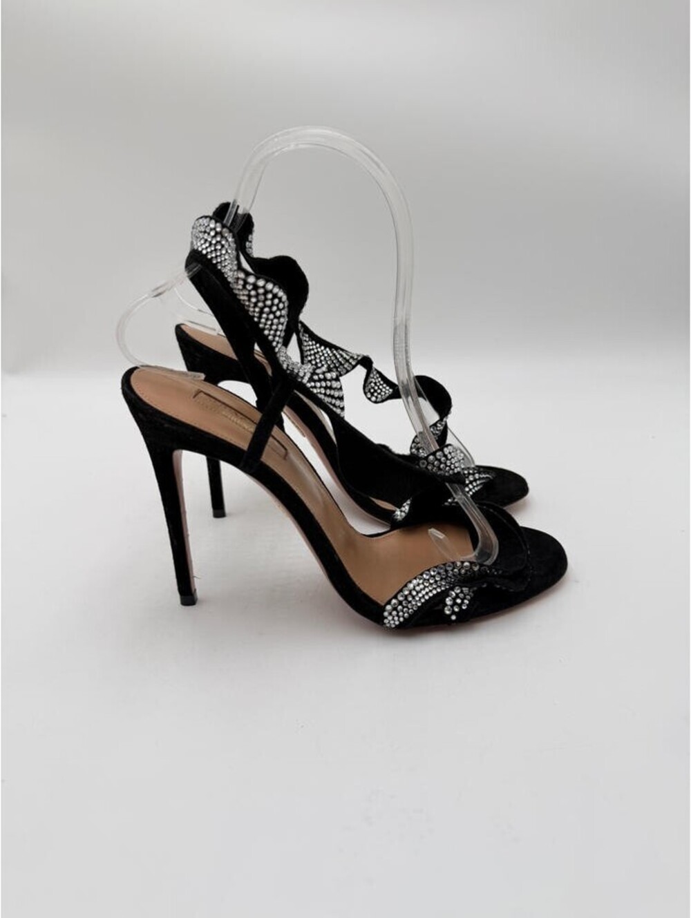 Aquazzura Black Suede Crystal Embellished Open Toe Ruffle Slingback Sandals 37